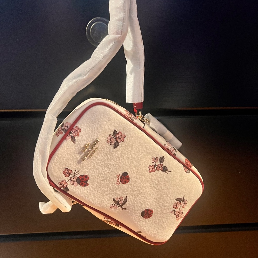 Coach Cream and Red Crossbody Bag with Floral Design